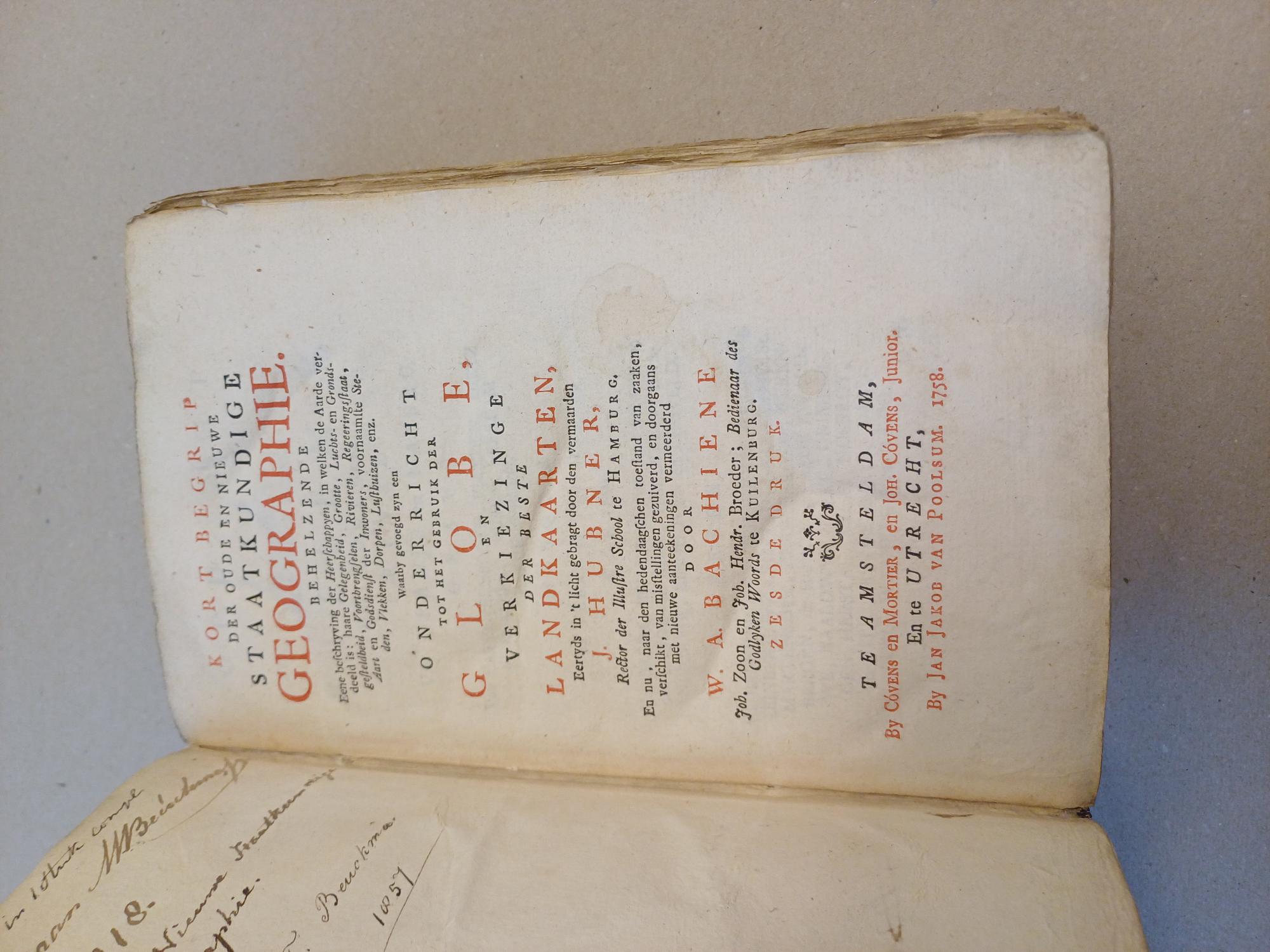 Hbner, J.;  Bachiene, W.A. - Kort begrip der oude en nieuwe staatkundige geographie. Behelzende eene beschrijving der heerschappyen, inwelken de aarde verdeeld is: haare gelegenheid, grootte, luchts- en grondsgesteldheid, voortbrengselen, rivieren, regeeringsstaat, aart en godsdienst der inwoners...etc.