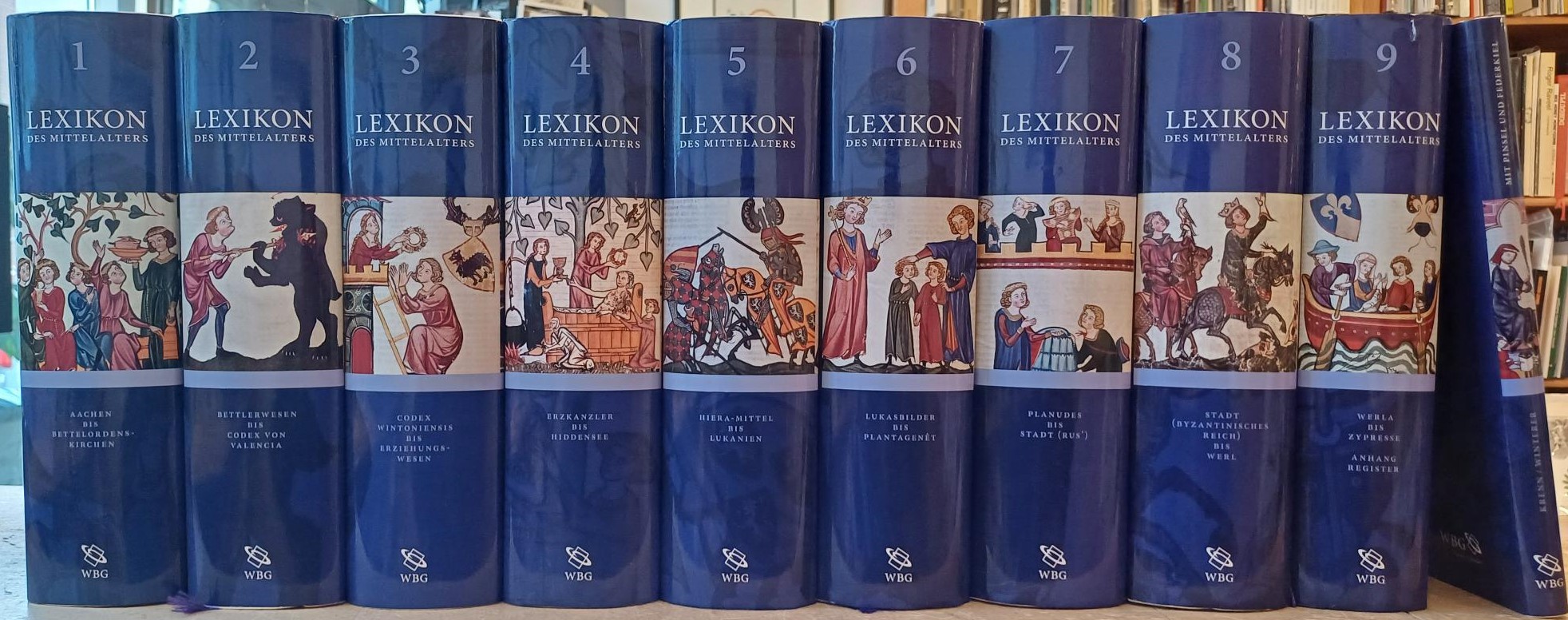 Avella-Widhalm, Gloria;  Lutz, Liselotte;  , Roswitha;  Mattejiet, Ulrich a.o. - Lexikon des Mittelalters, VOL 1 BIS 9 (A-Z in nine vol. Incl. Register in vol. 9) + Mit Pinsel und Federkiel. Geschichte der Mittelalterlichen Buchmalerei. Incl. CD-ROM